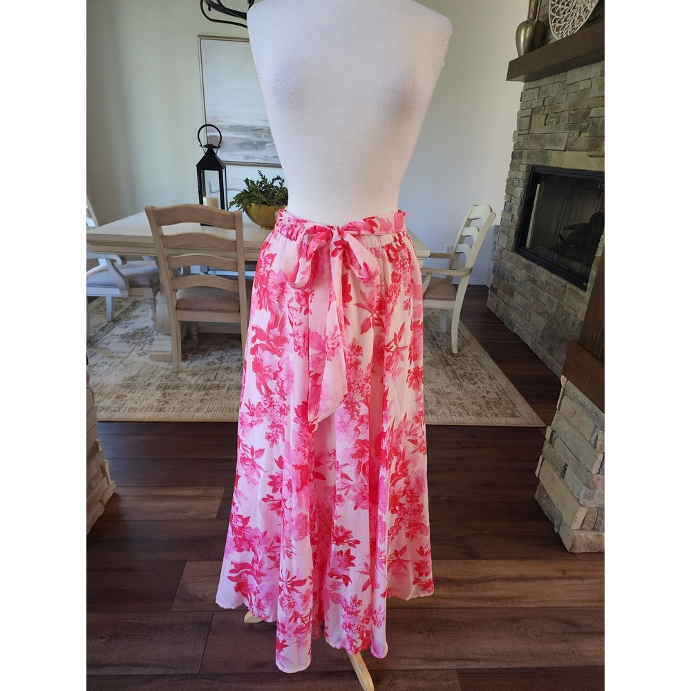 Her Destiny Pink Floral Maxi Skirt Elastic Waist Tie Front Lined Size Medium